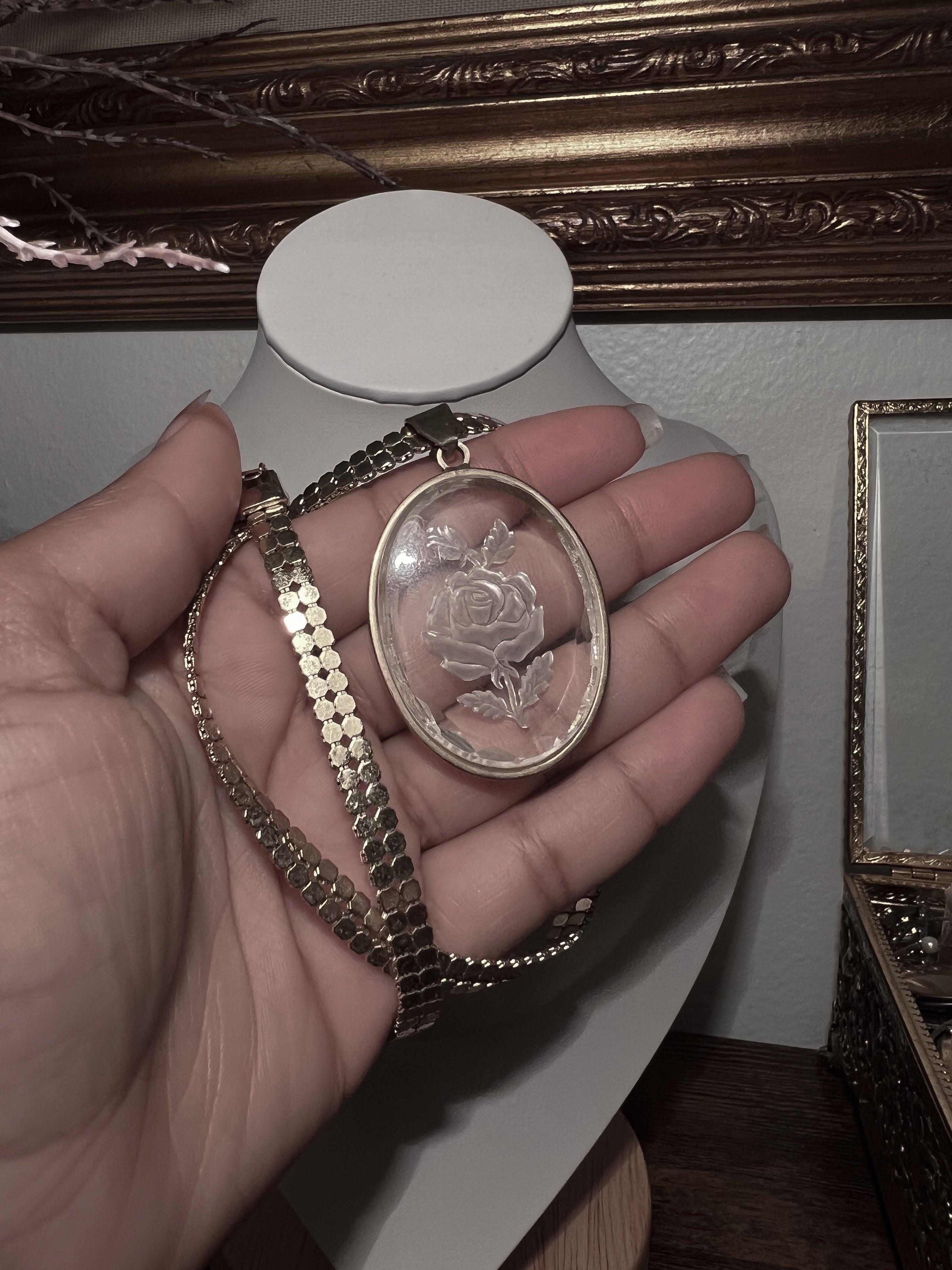 VAIGE One of One |  Vintage glass rose engraved gold necklace